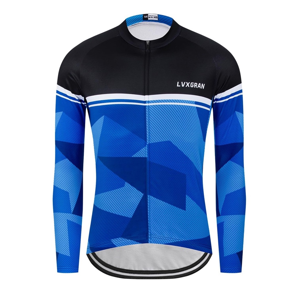 LVXGRAN Mens Long Sleeve Cycling Jersey Blue Geometric FullZip Bike Shirt Size M